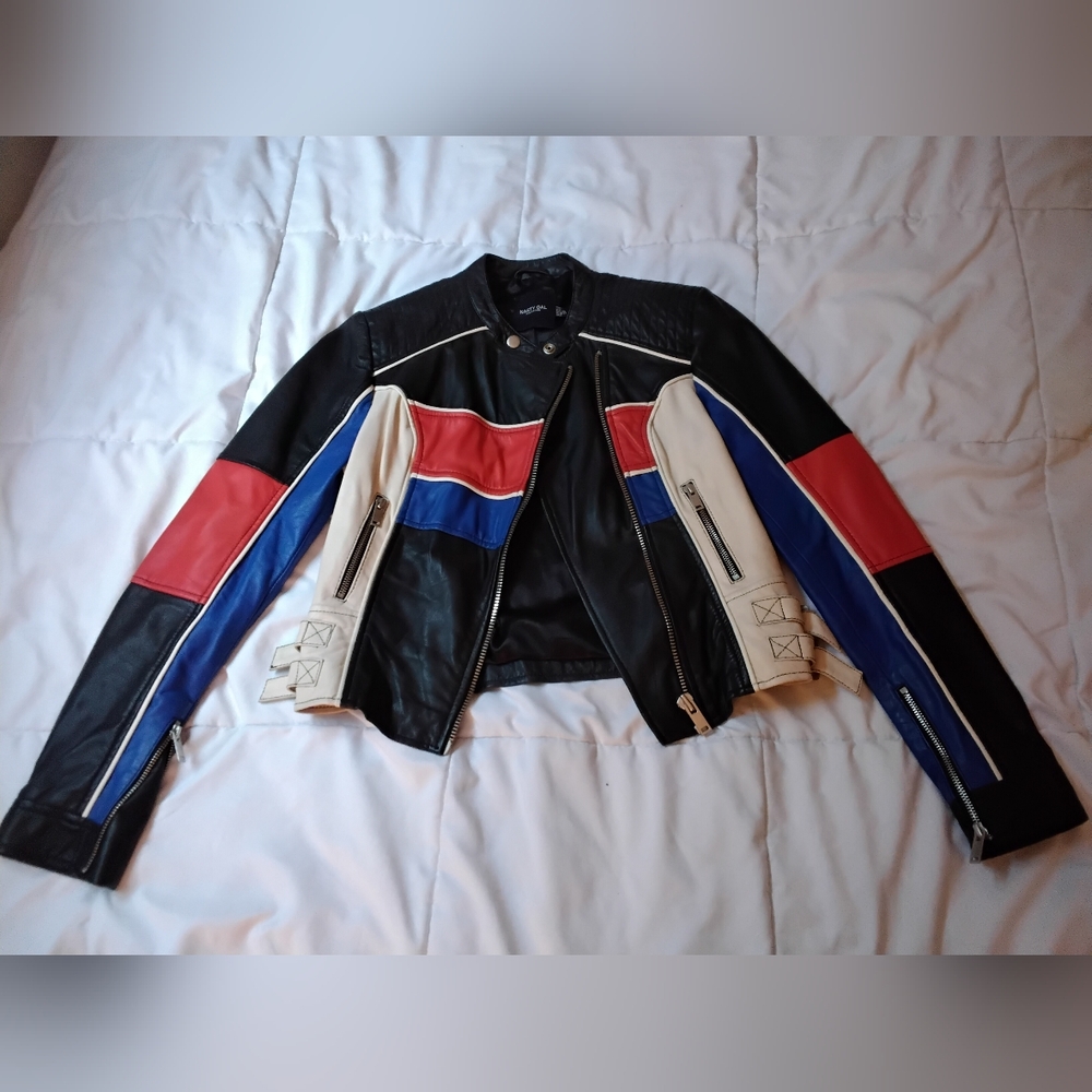 Nasty Gal Motorcross Leather Jacket w/Red, Blue & Cream Color Blocks